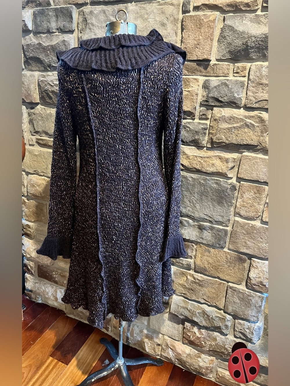 Ruffled Open-Front Women's Sweater Cardigan - chocolate brown and tan. - Picture 4 of 5